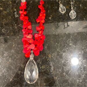 Red Coral and Clear Beaded Necklace and Earring Set